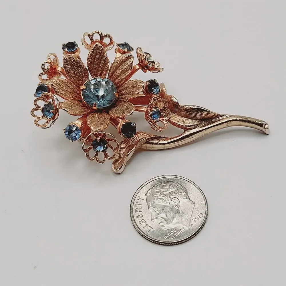 Vintage Blue Rhinestone Flower Brooch Gold Tone Floral Stem Pin
